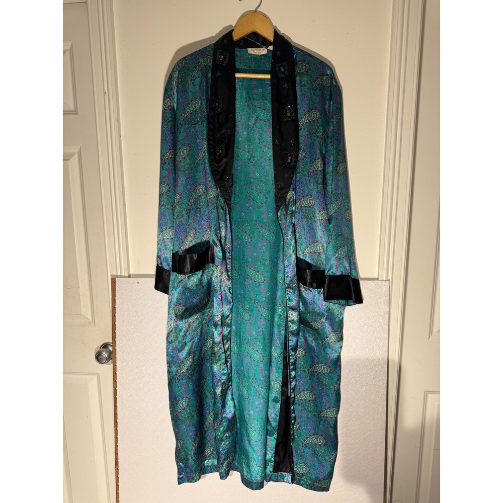 Vintage 90s Victoria's Secret Paisley Kimono Robe Beaded Collar Teal OS